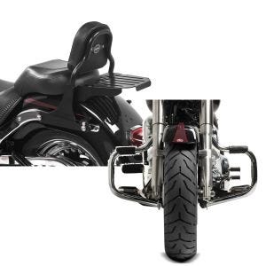 Set: Sissy Bar mit Gepäckträger für Harley Davidson Fat Boy 07-17 CSS schwarz Craftride + Sturzbügel für Harley Davidson Fat Boy 2000-2017 Craftride Mustache chrom_1