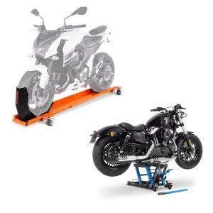 Set: Rangierschiene Harley Dyna Fat Bob ConStands Smart-Mover mit Wippe orange + Hebebühne Harley Davidson Dyna Fat Bob Motorradheber ConStands Mid-Lift L in blau_1