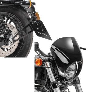 Set: Kennzeichenhalter seitlich L für Harley Sportster 883 Iron 19-20 schwarz Craftride + Scheinwerfer Frontmaske für Harley Davidson Sportster 883 Iron 09-20 schwarz Craftride_1