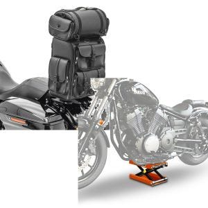 Set: Sissybar Tasche für Harley Rocker / C Hecktasche Craftride DLX mit Gepäckrolle + Hebebühne Harley Rocker / C Motorradheber ConStands Mid-Lift M orange_1