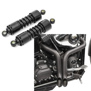 Set: Stoßdämpfer 11 Zoll Harley Sportster 883 Iron Federbeine von Craftride schwarz + Craftride Auspuff Harley Davidson Sportster 883 Iron 09-20 Drag Pipe schwarz_1