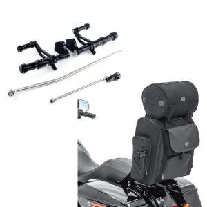 Set: Vorverlegte Fußrastenanlage für Harley Dyna Street Bob 06-17 Craftride schwarz + Sissybar Tasche für Harley Dyna Street Bob Hecktasche Craftride SXL mit Gepäckrolle_1