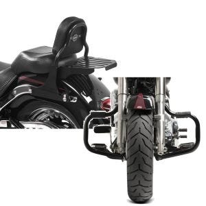 Set: Sissy Bar mit Gepäckträger für Harley Davidson Fat Boy 07-17 CSS schwarz Craftride + Sturzbügel für Harley Davidson Fat Boy 2000-2017 Craftride Mustache schwarz_1
