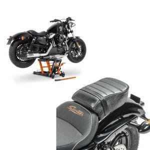 Set: Hebebühne Harley Davidson Sportster 883 Iron ConStands Mid-Lift L in orange + Sozius Sitz mit Polsterung für Harley Sportster Forty-Eight 48/ 883 Iron Craftride_1