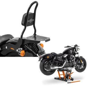 Set: Sissybar Harley Davidson Softail 18-21 Craftride Fast Rider-M inkl. Gepäckträger schwarz + Hebebühne Harley Davidson Softail Street Bob ConStands Mid-Lift L in orange_1