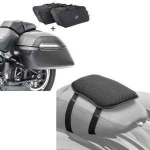 Set: Set Seitenkoffer + Innentaschen für Harley Softail Standard Craftride K3 + Gel Sitzkissen Harley Softail Standard / Street Bob Komfortkissen S Tourtecs schwarz_1