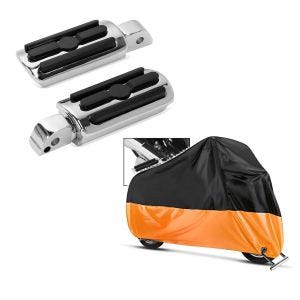 Set: Sozius Fussrasten für Harley Softail Street Bob 18-21 Craftride SF5 chrom + Abdeckplane Harley Softail Street Bob / Fat Bob / 114 Craftride XXL in schwarz-orange_1