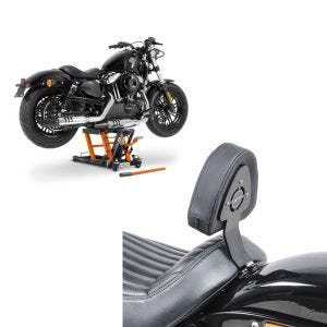 Set: Hebebühne Harley Davidson Softail Street Bob ConStands Mid-Lift L in orange + Fahrer Sissybar für Harley Davidson Softail Street Bob 18-21 Fahrer Rückenlehne Craftride_1