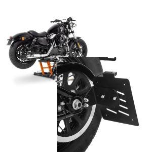 Set: Hebebühne Harley Davidson Softail Street Bob ConStands Mid-Lift L in orange + Seitlicher Kennzeichenhalter für Harley Davidson Softail 18-21 Craftride schwarz_1
