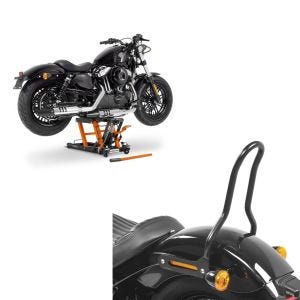 Set: Hebebühne Harley Davidson Softail Street Bob ConStands Mid-Lift L in orange + Sissybar für Harley Davidson Softail 18-21 Craftride Tampa S schwarz_1