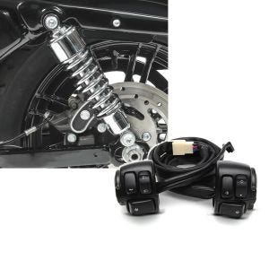 Set: Stoßdämpfer 10,5 Zoll Harley Sportster 883 86-10 Federbeine von Craftride chrom + Lenkerschalter für Harley Davidson Sportster 883 96-10 Lenkerarmatur schwarz Craftride_1