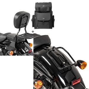 Sett: Sissy bar SB1 + halebag egnet for chopper / custom sykler 883 Iron 09-20 avtakbar med bagasjeholder Craftride svart + bagasjehylle egnet for Harley Davidson Sportster 04-20 Solo Rack Craftride svart