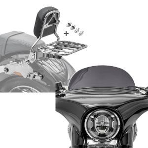 Sett: Sissy bar egnet for Harley Davidson Softail / Sport Glide 18-24 R1 med bagasjehylle og docking krom Craftride + frontrute egnet for Harley Davidson Sport Glide 18-24 Craftride M frontrute mørk tonet
