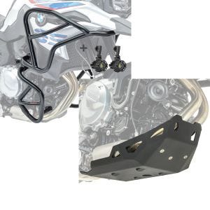 Sett: Sett med kollisjonsbøyler topp bunn XL + frontlykt egnet for BMW F 850 GS / F 750 GS 18-20 Motoguard svart + motorbeskyttelse egnet for BMW F 750 GS 18-20 Motoguard aluminium front spoiler undervogn beskyttelse svart