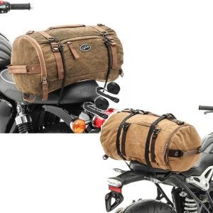 Sett: Motorsykkel halebag Vintage 25L lerretsryggsekk bagasjerull brun Craftride + Motorsykkelryggsekk Craftride VG8 halebag Vintage 35L inkludert stropper brun