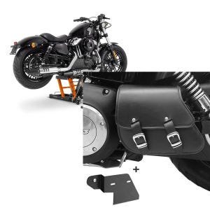 Sett: Motorsykkelløft ConStands Midlift L motorsykkelløfter for choppere opp til 680 kg i oransje + svingarmpose + holder som passer for Harley Davidson Dyna Fat Bob 08-17 Craftride