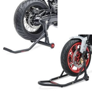 Sett: Enarmsstativ egnet for BMW R NineT 14-23 ConStands Single-Racing reparasjonsstativ, matt svart + ConStands Evo-V forhjulsreparasjonsstativ fra ConStands med V-fester, fjærbelastet, matt svart