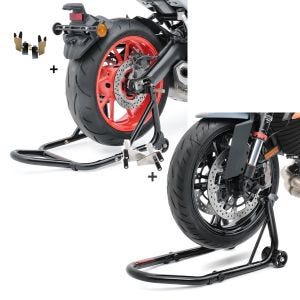 Sett: Motorsykkel reparasjonsstativ bakhjul, ConStands universal racing svart + Reparasjonsstativ forhjul ConStands Racing S motorsykkelstativ V-feste