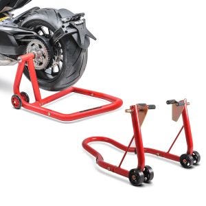 Sett: Enarmsstativ egnet for Ducati 1199 Panigale 12-14 arbeidsstativ ConStands Single-One rød + arbeidsstativ forhjul ConStands Classic-V motorsykkelstativ med V-fester rød