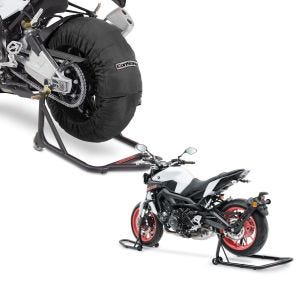Sett: Motorsykkel dekkvarmersett Laguna Seca ConStands 60-80°C egnet for forhjul og bakhjul 17 tommer i sort + motorsykkelmonteringsstativ Constands FB motorsykkelstativ foran og bak
