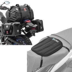 Sett: Motorsykkel-salvesker med haleveske Bagtecs RB25 + XF60 Drybag Vol 110L + Motorsykkel-setepute Tourtecs neopren S gel-setetrekk i svart.