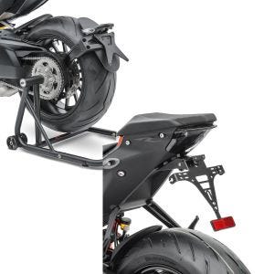 Sett: Enarmsstativ egnet for KTM 1290 Super Duke / R 14-23 reparasjonsstativ ConStands Single-Classic matt sort + skiltholder egnet for KTM Super Duke R 20-23 skiltholder med belysning Zaddox