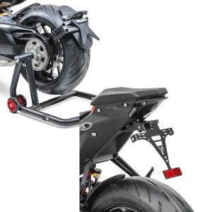 Sett: Enarmsstativ egnet for KTM 1290 Super Duke / R 14-23 reparasjonsstativ ConStands Single-One svart + skiltholder egnet for KTM Super Duke R 20-23 skiltholder med belysning Zaddox