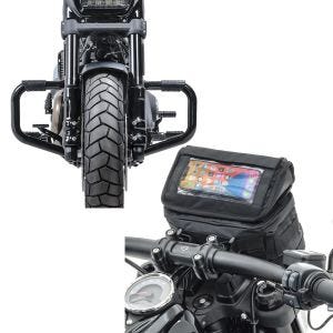 Sett: Crash bar Moustache II egnet for Harley Davidson Softail Fat Bob 114 18-24 svart + styreveske egnet for chopper / tilpasset sykkel smarttelefonholder Craftride LB2 CB22025