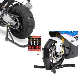 |Sett: Motorsykkel dekkvarmersett ConStands Billown 60-80-95 °C egnet for forhjul og bakhjul 17 tommer svart + ConStands Easy Plus - motorsykkelvippe inkludert 4-folds stroppsett egnet for tilhengere || Surringsløkker, hjulholder, hjulklemme|