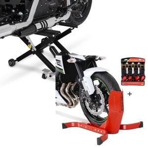 |Sett: Motorsykkelløfter ConStands Midlift XL motorsykkelløft opp til 500 kg i sort + ConStands Easy Plus rød - motorsykkelvippe inkludert 4-folds stroppsett egnet for tilhengere || Surringsløkker, hjulholder, hjulklemme|
