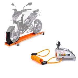 Sett: Motorsykkel manøvreringsskinne med vippe ConStands Smart Mover opptil 450 kg i oransje + bremseskivelåsalarm med påminnelseskabel Tourtecs tyverisikring motorsykkel 110dB krom