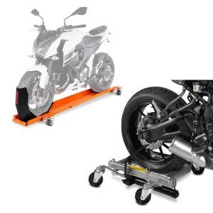 Sett: Motorsykkel manøvreringsskinne med vippe ConStands Smart Mover opptil 450 kg i oransje + manøvreringshjelp bakhjul Heavy Duty Mover 2 fra Constands sølv