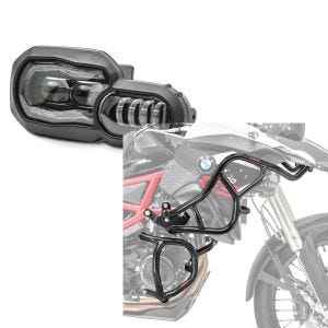 Sett: LED-hovedlykt egnet for BMW F 800 GS / Adventure 08-18 hovedlykt med ECE Lumitecs QL2 + crashbar sett egnet for BMW F 800 GS 13-17 topp og bunn crash bar
