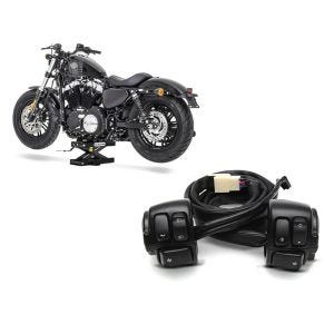 Sett: Motorsykkelløft ConStands miniløft saksejekk opp til 500 kg i sort + styrebryter egnet for Harley Davidson Dyna Sportster Softail V-Rod 96-13 styrebeslag svart