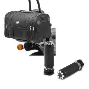 Sett: Motorsykkel hale bag Craftride RB1 bagasjerull 24-30 liter for chopper cruisers og tilpassede sykler svart + styrehåndtak 1" Craftride CG14 CNC aluminium egnet for Kawasaki Yamaha Suzuki Honda svart