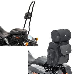 Sett: Sissybar XL passer for Harley Davidson Dyna Street Bob 09-17 Craftride SRL svart + motorsykkel sissybar bag SXL Craftride halebag med bagasjerull i svart