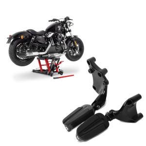Sett: Motorsykkelløft ConStands Midlift L motorsykkelløfter for choppere opp til 680 kg i rødt + passasjerfotstøtter egnet for Harley Davidson Sportster Forty-Eight 48 14-20 Craftride med holder i svart