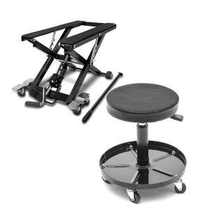 Sett: Hydraulisk lift egnet for chopper / custom sykkel ConStands Midlift XL svart + verkstedkrakk med hjul ConStands WS2 verkstedstol høydejusterbar svart CB39029