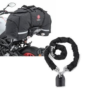 Sett: hale bag motorsykkel Bagtecs SX80 pillion bag svart 70 liter + motorsykkel kjedelås Tourtecs KS1 motorsykkel lås 1,15m i svart