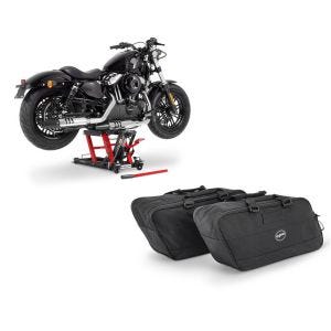 Sett: Motorsykkelløft ConStands Midlift L motorsykkelløfter for choppere opp til 680 kg i rødt + etui innervesker egnet for Harley Davidson Touring 94-24 Craftride BG1 par