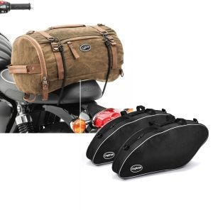 Sett: Motorsykkel hale bag vintage 25L lerret ryggsekk bagasje rull brun Craftride + indre koffert vesker egnet for Harley Davidson Sport Glide 18-24 Crafride koffert vesker