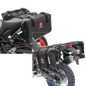 Sett: Motorsykkel-sidevesker vanntette Bagtecs WD1 2x43l med rullelukking + Motorsykkel-salvesker vanntette Bagtecs WP8 2x30L rullelukkende sideveske