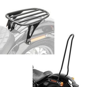Sett: Bagasjehylle egnet for Harley Davidson Softail Street Bob 18-24 Solo Rack Craftride GS3 svart + Sissy bar egnet for Harley Davidson Softail Street Bob 18-22 Tampa XL svart Craftride