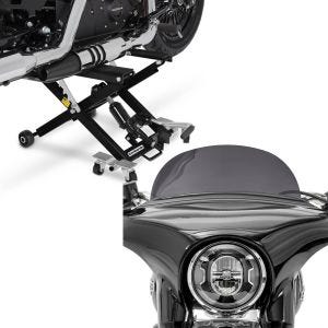 Sett: Motorsykkelløft ConStands Midlift XL motorsykkelløft opp til 500 kg i sort + frontrute egnet for Harley Davidson Sport Glide 18-24 Craftride M frontrute mørk tonet