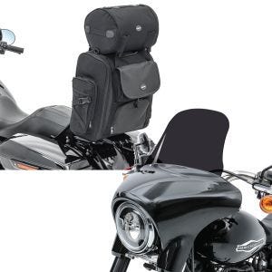 Sett: Motorsykkel sissy bar bag Craftride SXL halebag med bagasjerull i svart + frontrute egnet for Harley Davidson Sport Glide 18-24 Craftride L frontrute mørk tonet