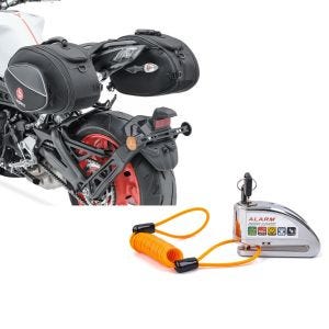 Sett: salvesker motorsykkel Bagtecs SP3 sidevesker par 36-60 liter sort + bremseskivelåsalarm med påminnelseskabel Tourtecs tyverisikring motorsykkel 110dB krom
