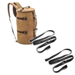 Sett: Motorsykkelryggsekk canvas Craftride VG8 haleveske Vintage 35Ltr brun + motorsykkelløkkestropper ConStands festestropper sett 1,5m svart