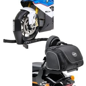 Sett: motorsykkel rocker Constands Easy-Plus motorsykkelstativ opp til 21 tommer svart + motorsykkel hale bag Craftride TM2 sissy bar bag 14 liter svart