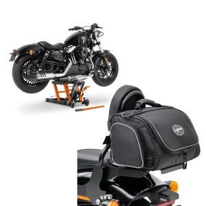 Sett: motorsykkellift ConStands Midlift L motorsykkelheis egnet for choppere / tilpassede sykler opp til 680 kg i oransje + motorsykkelbag Craftride TM2 sissy bar bag 14 liter svart CB39520