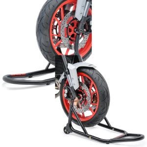 Sett: Reparasjonsstativ forhjul ConStands Fork motorsykkelstativ med spindelfeste svart matt + ConStands - reparasjonsstativ forhjul med gummierte fester svart motorsykkeljekk foran